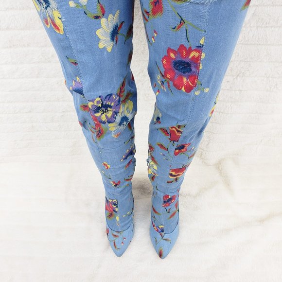Stretch Floral Print Denim Draw String Top high heel thigh boots - Picture 4 of 11